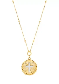 Sunburst Disk Cross Pendant Necklace with 18" Cable Chain in 10K Yellow and White Gold