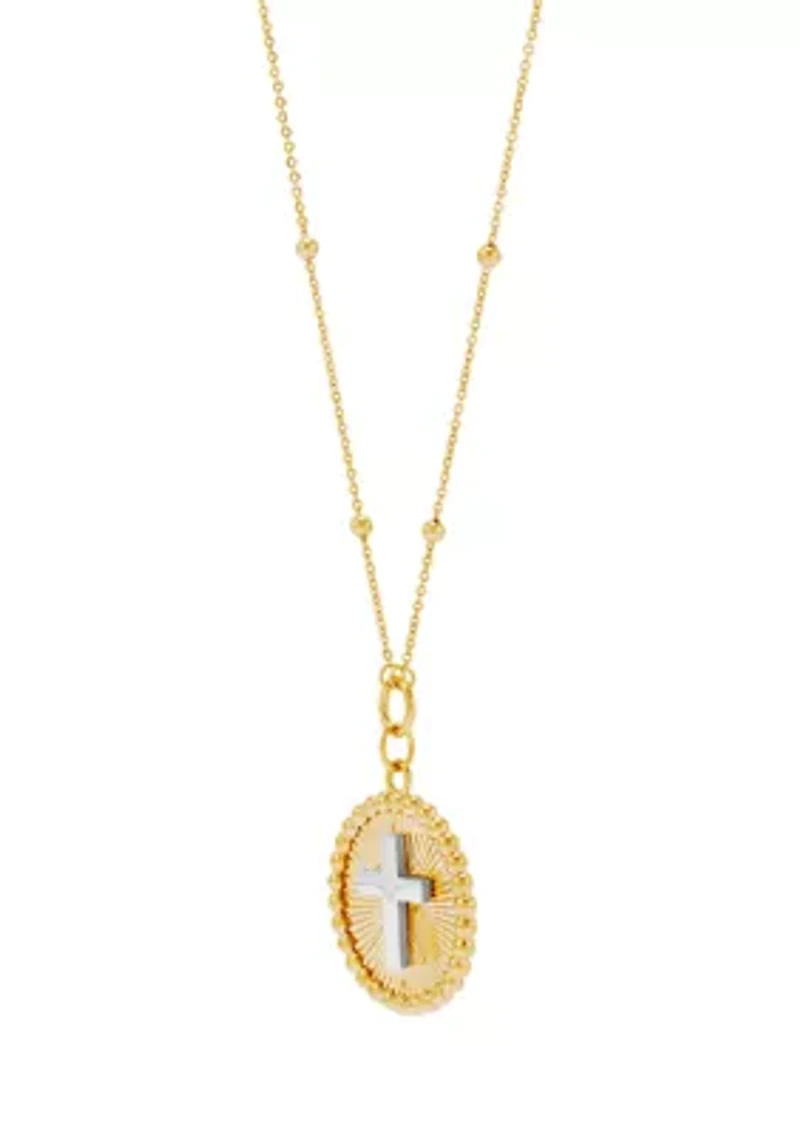 Sunburst Disk Cross Pendant Necklace with 18" Cable Chain in 10K Yellow and White Gold