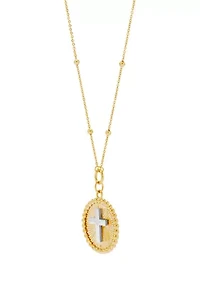 Sunburst Disk Cross Pendant Necklace with 18" Cable Chain in 10K Yellow and White Gold