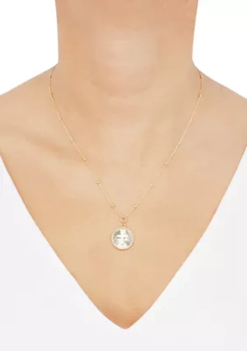 Sunburst Disk Cross Pendant Necklace with 18" Cable Chain in 10K Yellow and White Gold