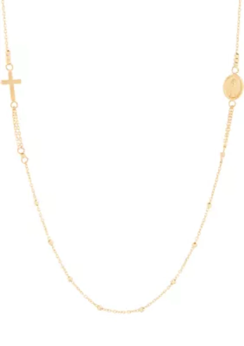 Medal and Cross Station Necklace in 10K Yellow Gold