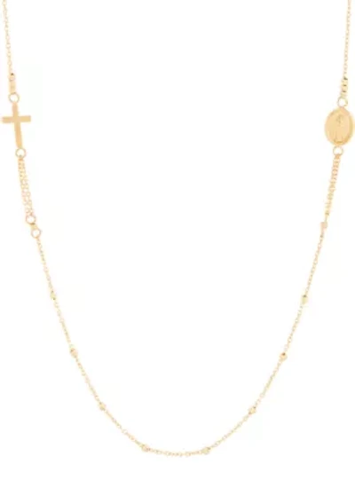 Medal and Cross Station Necklace in 10K Yellow Gold