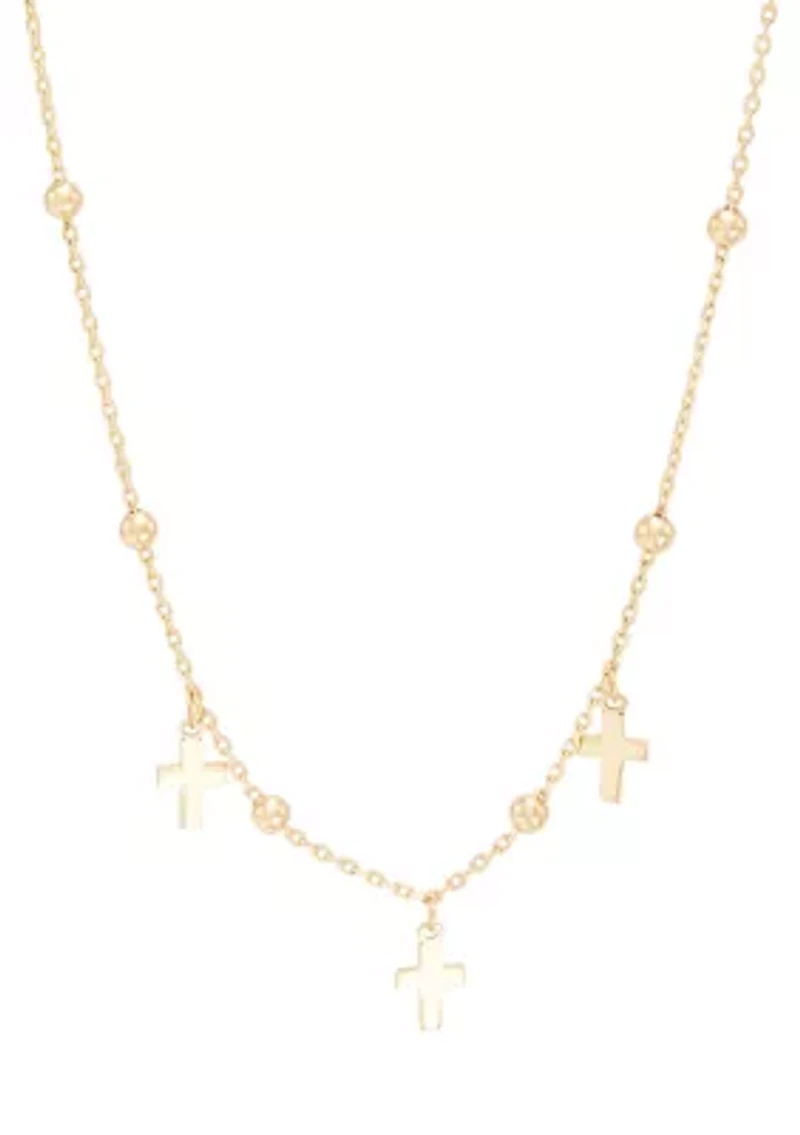 Bead and Cross Station Necklace in 10K Yellow Gold
