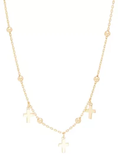 Bead and Cross Station Necklace in 10K Yellow Gold