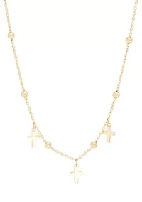 Bead and Cross Station Necklace in 10K Yellow Gold