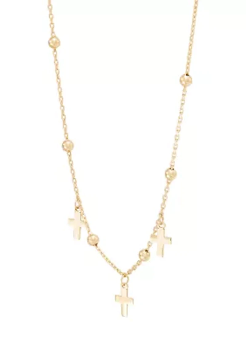 Bead and Cross Station Necklace in 10K Yellow Gold