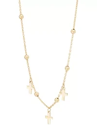 Bead and Cross Station Necklace in 10K Yellow Gold