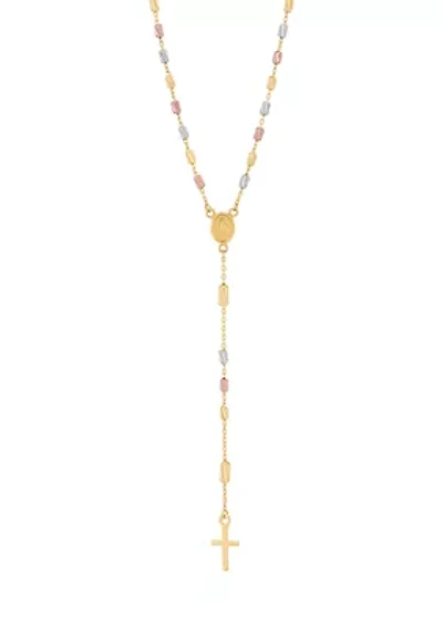 Mary Virgin Lariat with Cross Drop Necklace in 10K Yellow and White and Rose Gold
