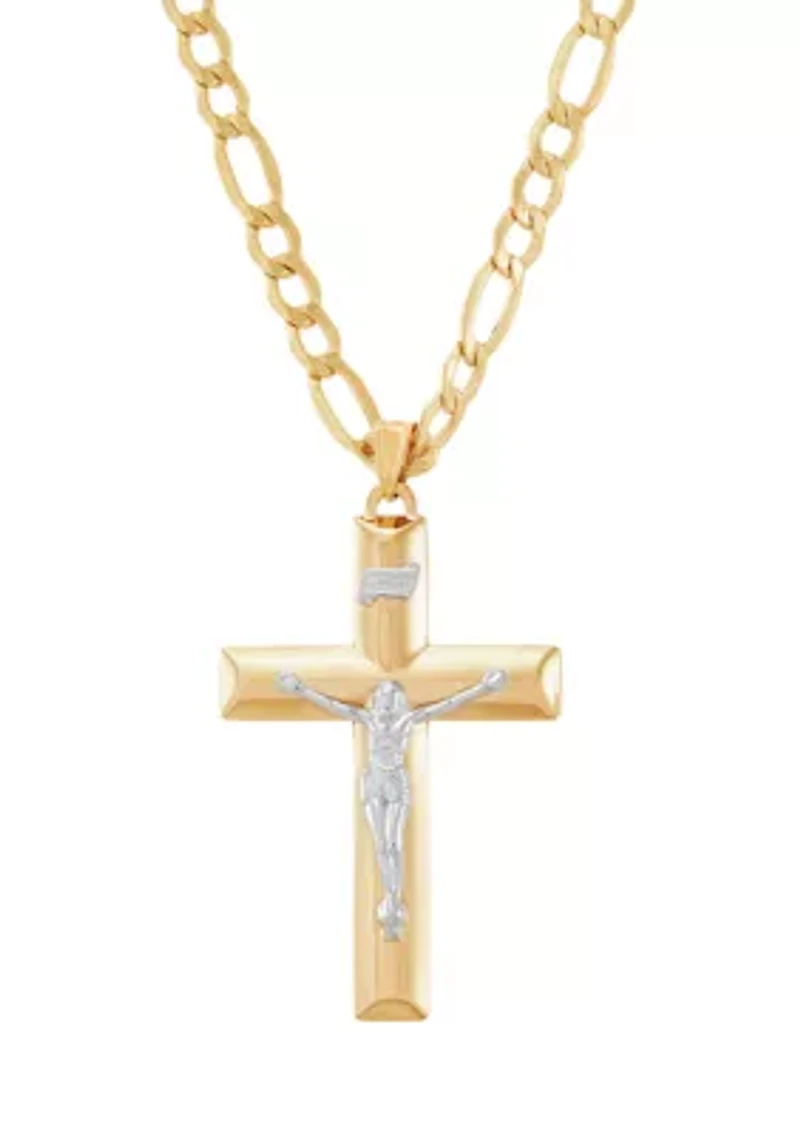 Cross and Crucifix Pendant Necklace with 20" Figaro Chain in 10K Yellow Gold