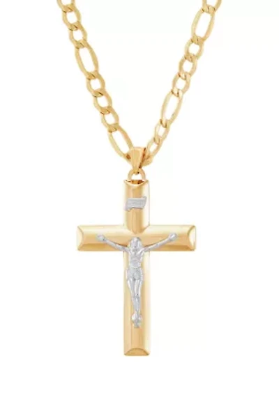 Cross and Crucifix Pendant Necklace with 20" Figaro Chain in 10K Yellow Gold