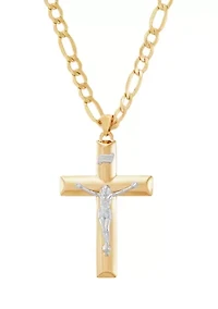 Cross and Crucifix Pendant Necklace with 20" Figaro Chain in 10K Yellow Gold