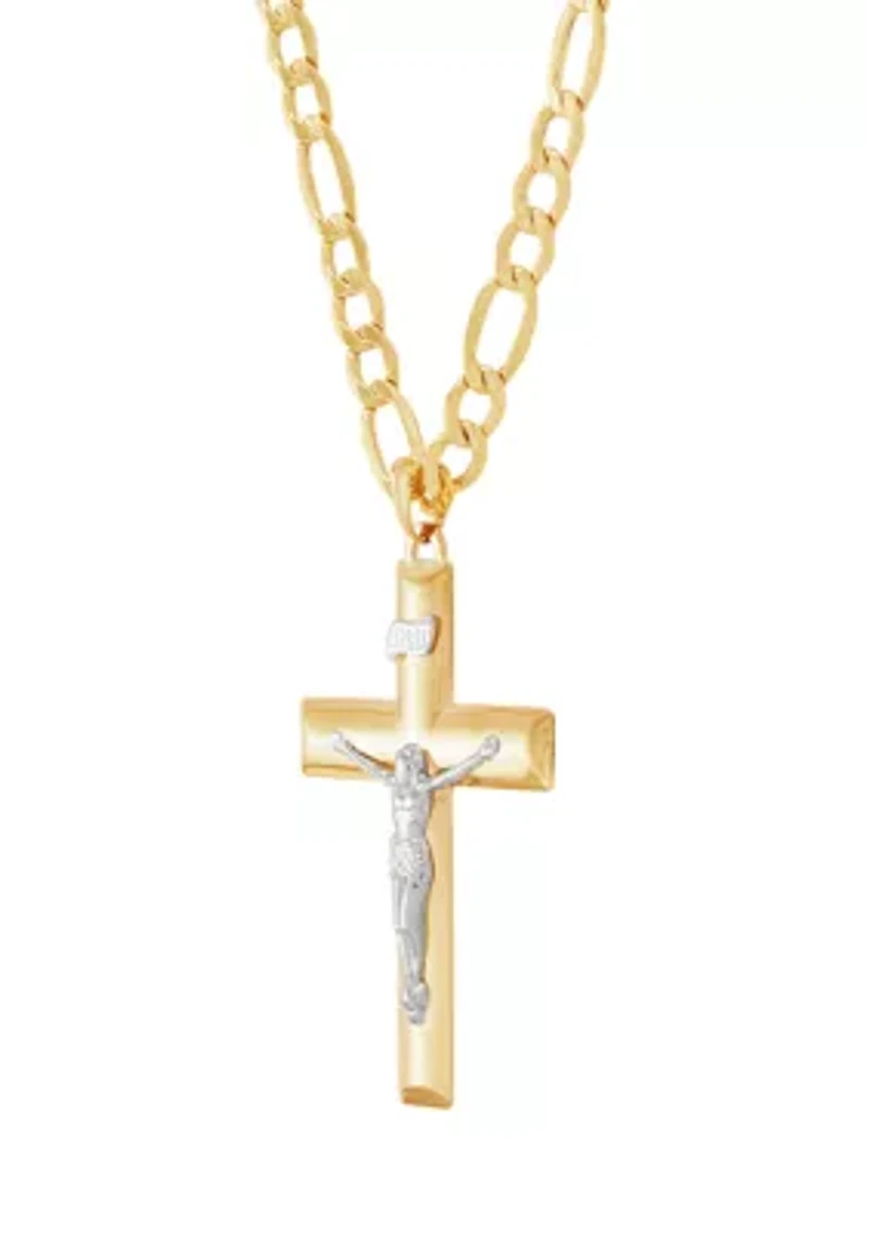 Cross and Crucifix Pendant Necklace with 20" Figaro Chain in 10K Yellow Gold