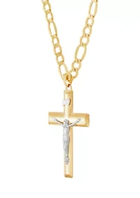 Cross and Crucifix Pendant Necklace with 20" Figaro Chain in 10K Yellow Gold