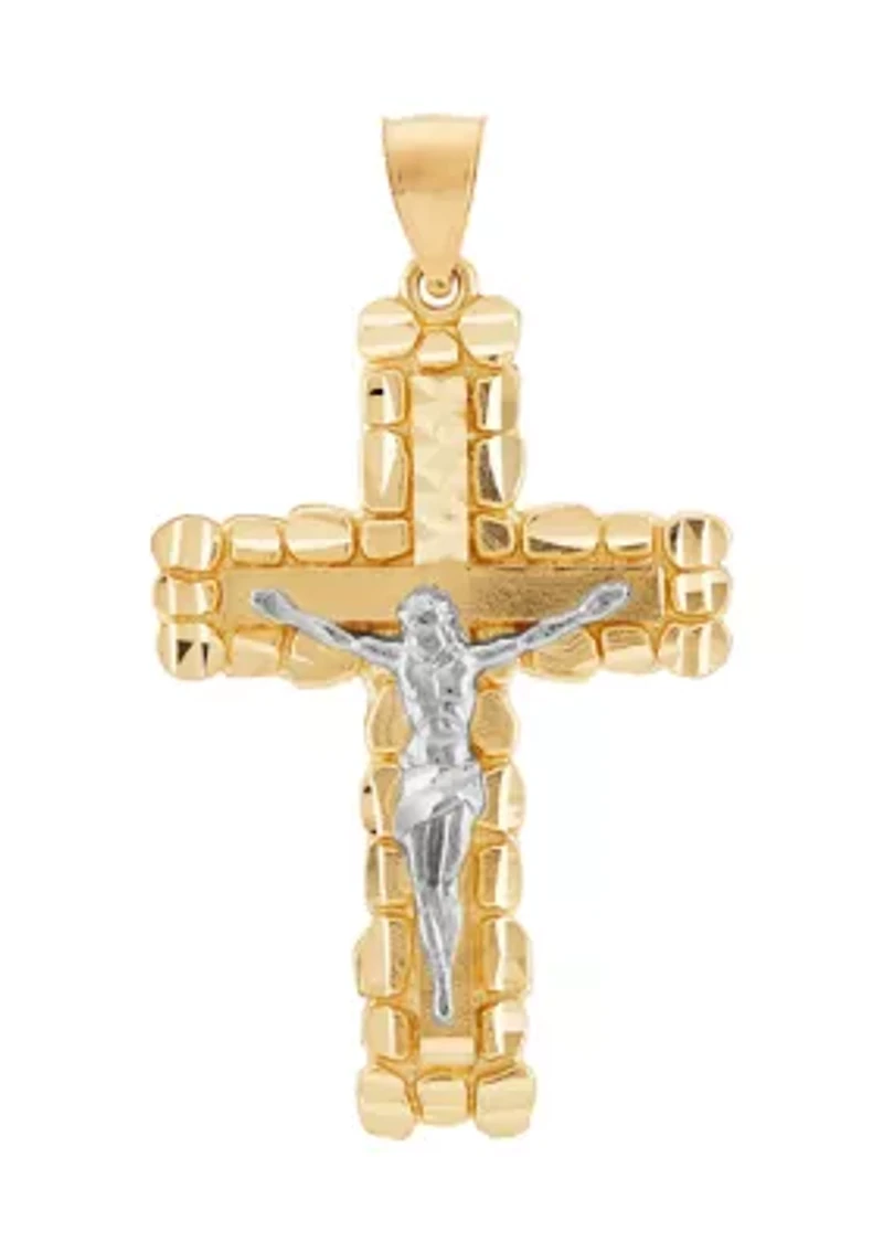 Gents Nugget Crucifix and Cross Pendant in 10K Two Tone Gold