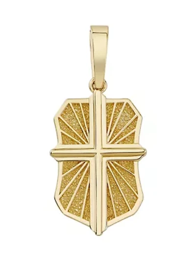 Texture Medal with Center Cross Pendant Necklace with 20" Curb Chain in 10K Yellow Gold