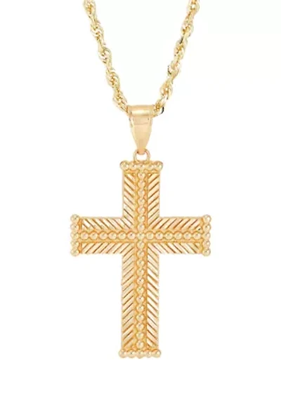 Beaded Cross Pendant with 20" Rope Chain Necklace in 10K Yellow Gold