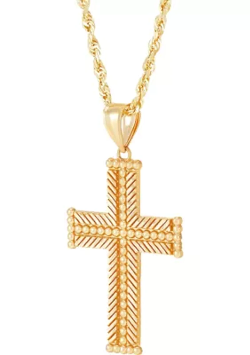 Beaded Cross Pendant with 20" Rope Chain Necklace in 10K Yellow Gold