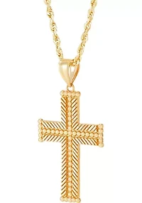 Beaded Cross Pendant with 20" Rope Chain Necklace in 10K Yellow Gold