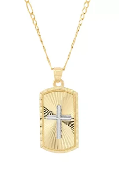 Center Cross Dog Tag with 20" Curb Chain in 10K Two Tone Gold