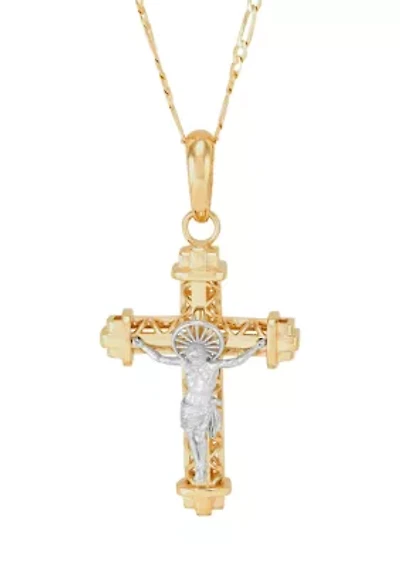 Cross and Cage Crucifix Pendant with 20" Figaro Chain in 10K Two Tone Gold