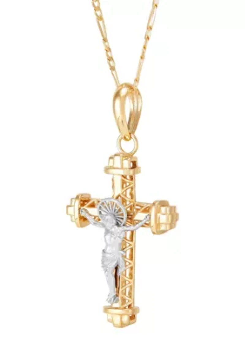 Cross and Cage Crucifix Pendant with 20" Figaro Chain in 10K Two Tone Gold
