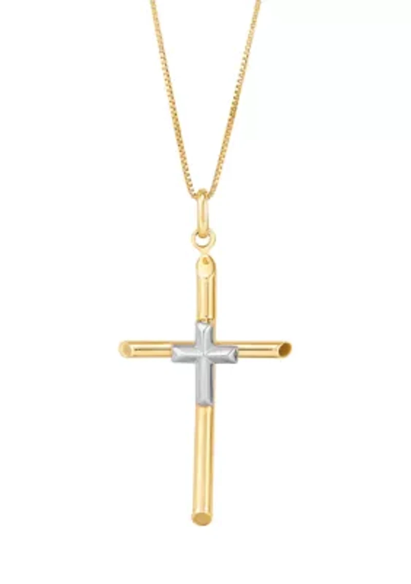 Tube Cross Pendant with 18" Box Chain in 10K Yellow and White Gold