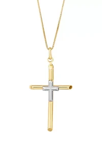 Tube Cross Pendant with 18" Box Chain in 10K Yellow and White Gold