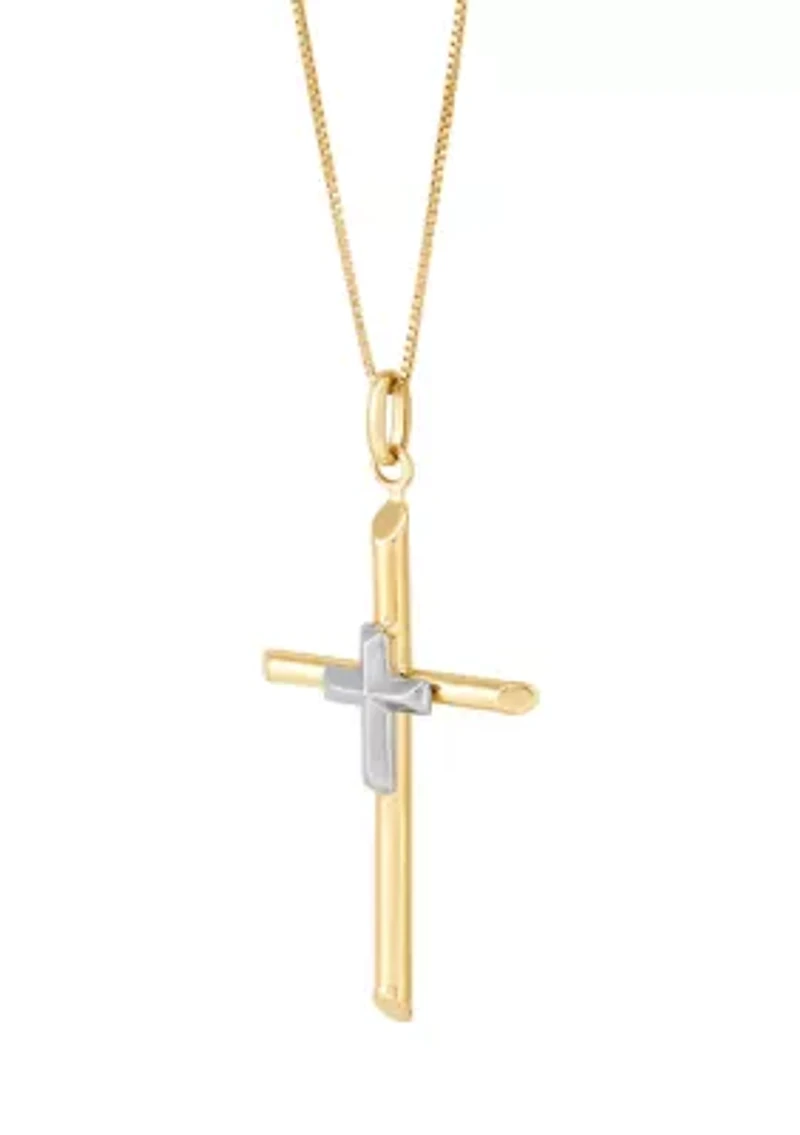 Tube Cross Pendant with 18" Box Chain in 10K Yellow and White Gold