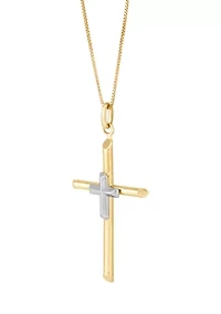 Tube Cross Pendant with 18" Box Chain in 10K Yellow and White Gold