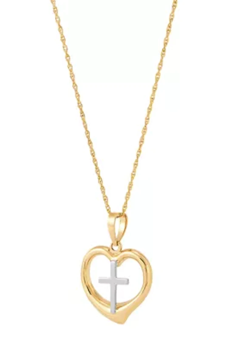 Cross in Heart Pendant Necklace with 18" Rope Chain in 10K Yellow Gold