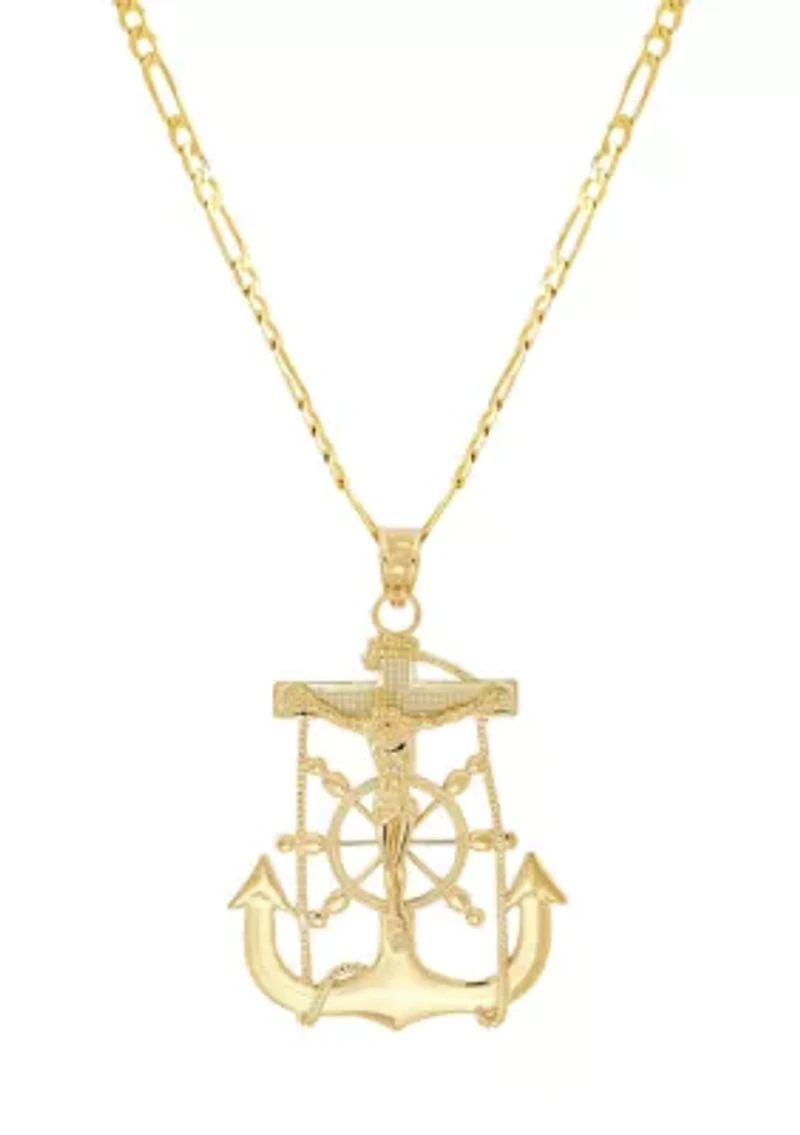 Crucifix Anchor Pendant with 20" Figaro Chain in 10K Yellow Gold