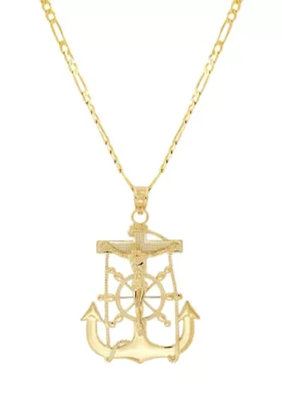 Crucifix Anchor Pendant with 20" Figaro Chain in 10K Yellow Gold