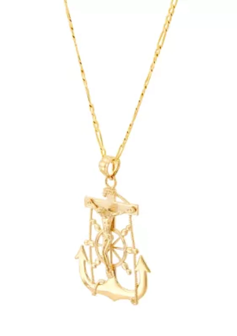Crucifix Anchor Pendant with 20" Figaro Chain in 10K Yellow Gold