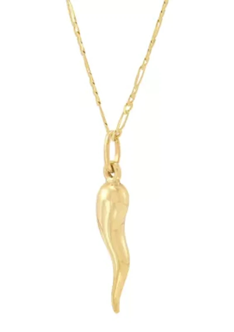 Italian Horn Pendant with 20" Figaro Chain in 10K Yellow Gold