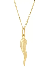 Italian Horn Pendant with 20" Figaro Chain in 10K Yellow Gold