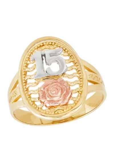 15 and Flower Oval Ring in 10K Tri Tone Gold
