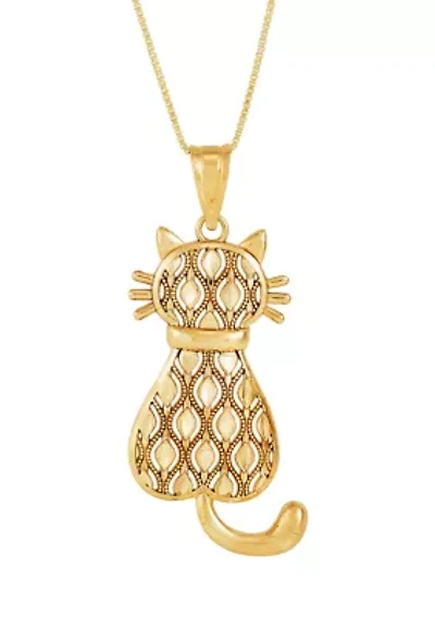 Sitting Cat Pendant Necklace with 18" Box Chain in 10K Yellow Gold