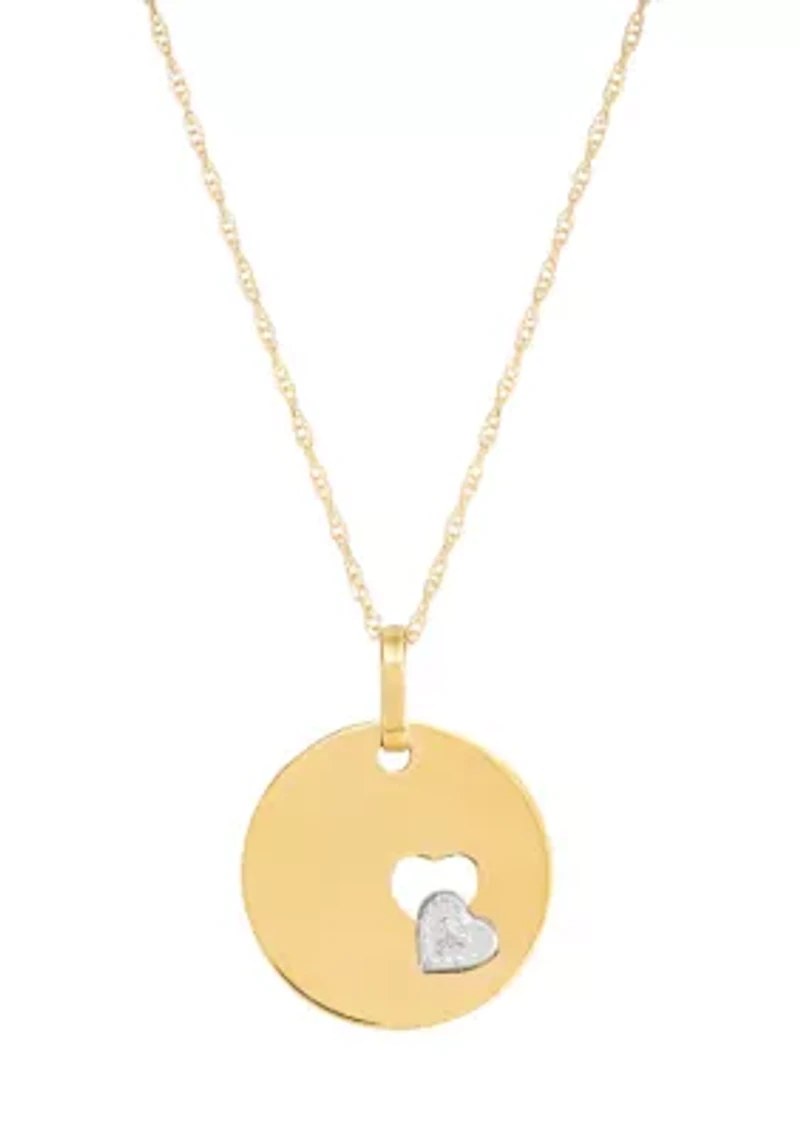 Cut Out Heart Disk Pendant with 18" Rope Chain in 10K Two Tone Gold