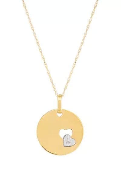 Cut Out Heart Disk Pendant with 18" Rope Chain in 10K Two Tone Gold