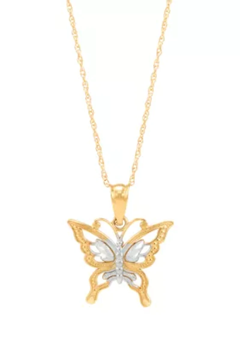Butterfly Pendant Necklace with 18" Rope Chain in 10K Yellow Gold