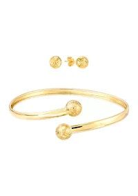Diamond Cut Bead Bangle and Stud Earrings Set in 10K Yellow Gold