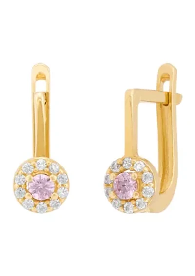 Pink and White Cubic Zirconia Lever Earrings in 10K Yellow Gold