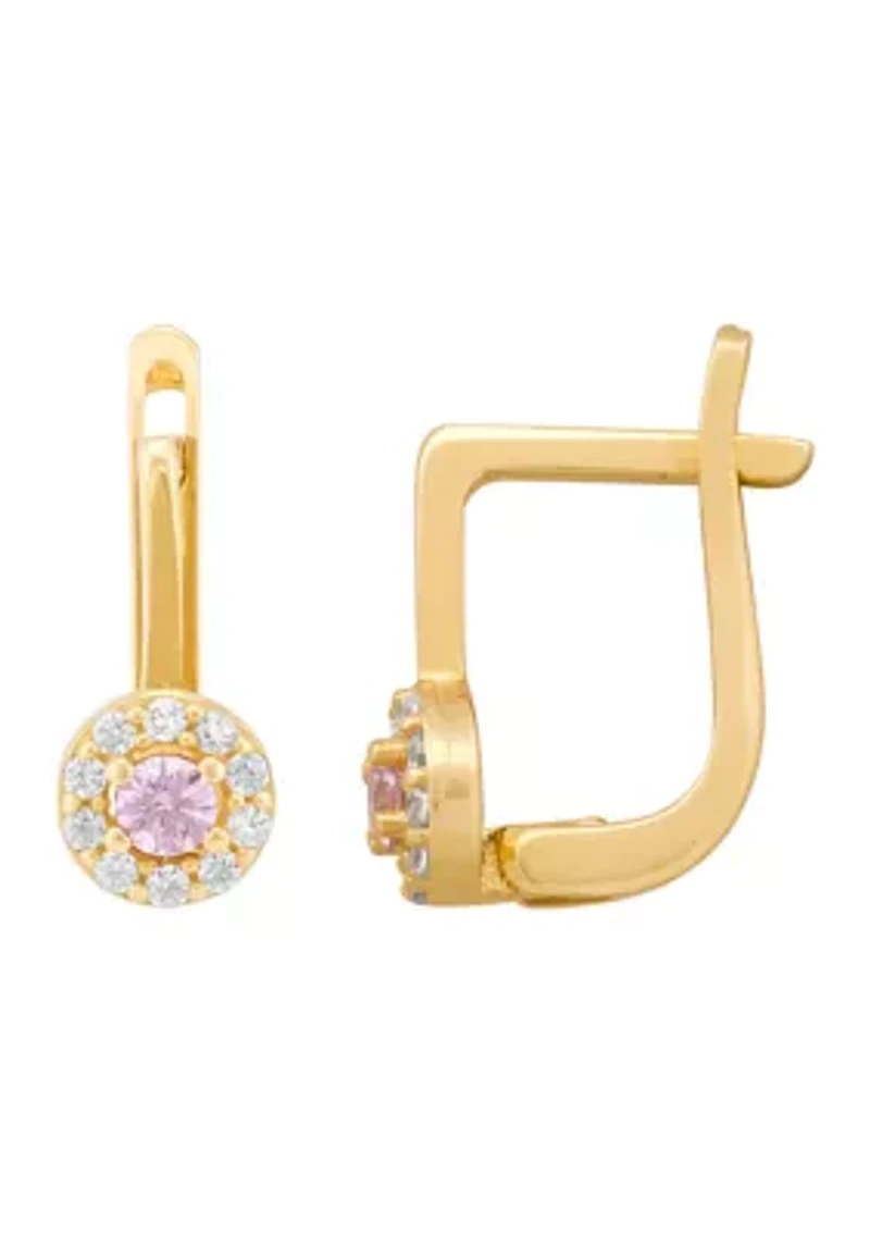 Pink and White Cubic Zirconia Lever Earrings in 10K Yellow Gold