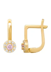 Pink and White Cubic Zirconia Lever Earrings in 10K Yellow Gold