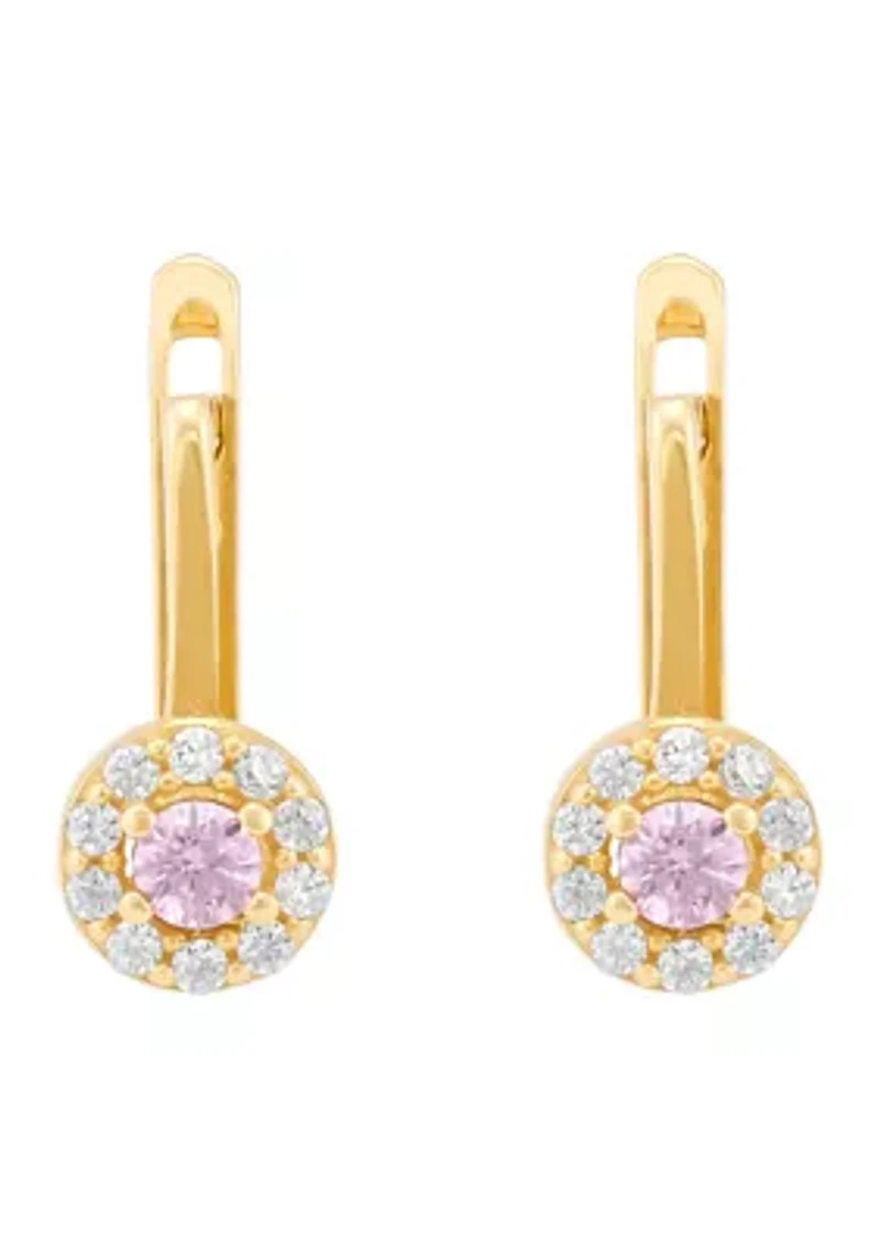 Pink and White Cubic Zirconia Lever Earrings in 10K Yellow Gold