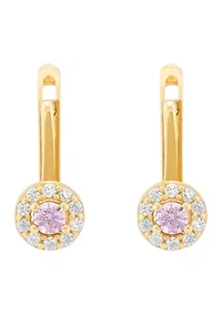Pink and White Cubic Zirconia Lever Earrings in 10K Yellow Gold