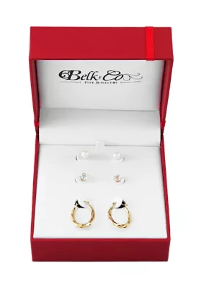 Pearl and White Topaz Hoop and Stud Earring Set in 10K Yellow Gold