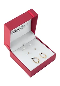 Pearl and White Topaz Hoop and Stud Earring Set in 10K Yellow Gold