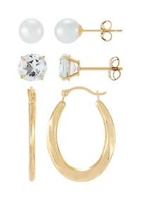 Pearl and White Topaz Hoop and Stud Earring Set in 10K Yellow Gold