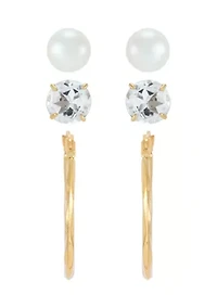 Pearl and White Topaz Hoop and Stud Earring Set in 10K Yellow Gold